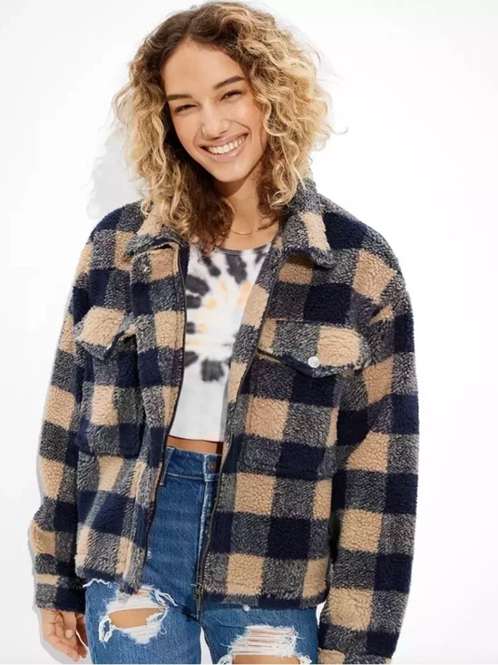 American Eagle Outfitters Jackets & Blazers - American Eagle Sherpa Plaid Zip Jacket Medium Navy Tan Buffalo Check Fleece
